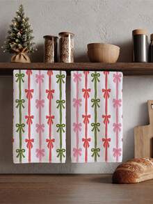 2pcs Christmas Red Green Pink Color Block Striped Bow Pattern Kitchen Towels, 40*60cm Soft Microfiber Tea Towels, Suitable For Home Kitchen Restaurant Outdoor Camping Tabletop Cleaning Dish Cloth Hand Towel Accessories, Christmas Theme Dining Kitchen Decor Fabric Wiping Towels, Holiday Gift Giving - Multicolor - View 1