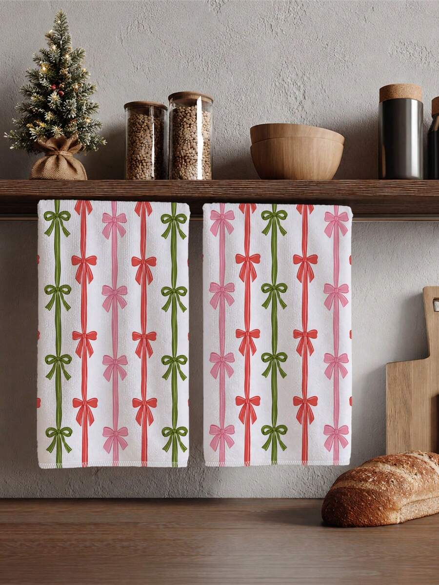 2pcs Christmas Red Green Pink Color Block Striped Bow Pattern Kitchen Towels, 40*60cm Soft Microfiber Tea Towels, Suitable For Home Kitchen Restaurant Outdoor Camping Tabletop Cleaning Dish Cloth Hand Towel Accessories, Christmas Theme Dining Kitchen Decor Fabric Wiping Towels, Holiday Gift Giving - Multicolor - View 1