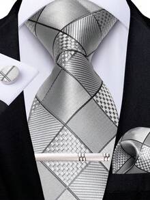 Men's Tie 4pcs Set Silver Grey Fine Plaid Pattern Handkerchief Cufflinks Silver Tie Clip Business Wedding Formal Outfit Matching - Light Grey - View 1
