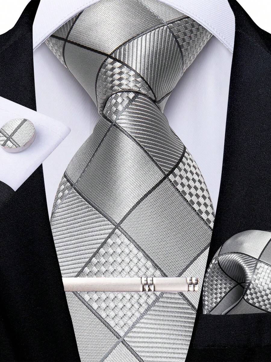 Men's Tie 4pcs Set Silver Grey Fine Plaid Pattern Handkerchief Cufflinks Silver Tie Clip Business Wedding Formal Outfit Matching - Light Grey - View 1