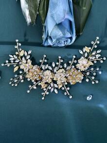 1pc Luxury Golden Rhinestone Applique Patch 3D Metal Flower Leaf Beaded Embroidery Trim Sew On Wedding Dress Evening Gown Neckline DIY Craft - Gold - View 5