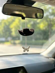 1pc Denim Hat Butterfly Pendant Car Rearview Mirror Hanging Decoration, Car Interior Decor Accessory, Car Decoration - A - View 2