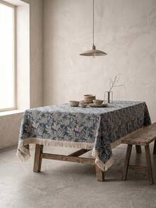 1pc Gray Blue Base White Branch & Leaf Pattern Tablecloth, Natural Rustic Style Linen Blend Material, Rectangular Beige Tassel Edge Detail, Stain-Resistant Desktop Protection Function, Suitable For Daily Home Use And Natural Dining Table Decor Scenes - Blue - View 7