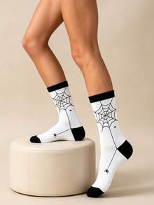 1 Pair Halloween Black & White Spider Web Breathable Mid-Calf Socks For Men Women Couples - Black and White - View 7