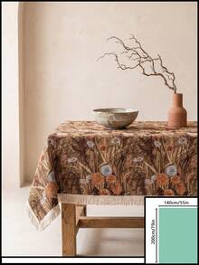 1pc Brown Base Vintage Autumn Floral Plant Print Tablecloth, Retro Natural Style Jacquard Fabric, Rectangular Beige Tassel Edge Detail, Stain-Resistant Desktop Protection Functional Long Tablecloth Suitable For Daily Home And Natural Dining Table Decor Scenes - Brown - View 18