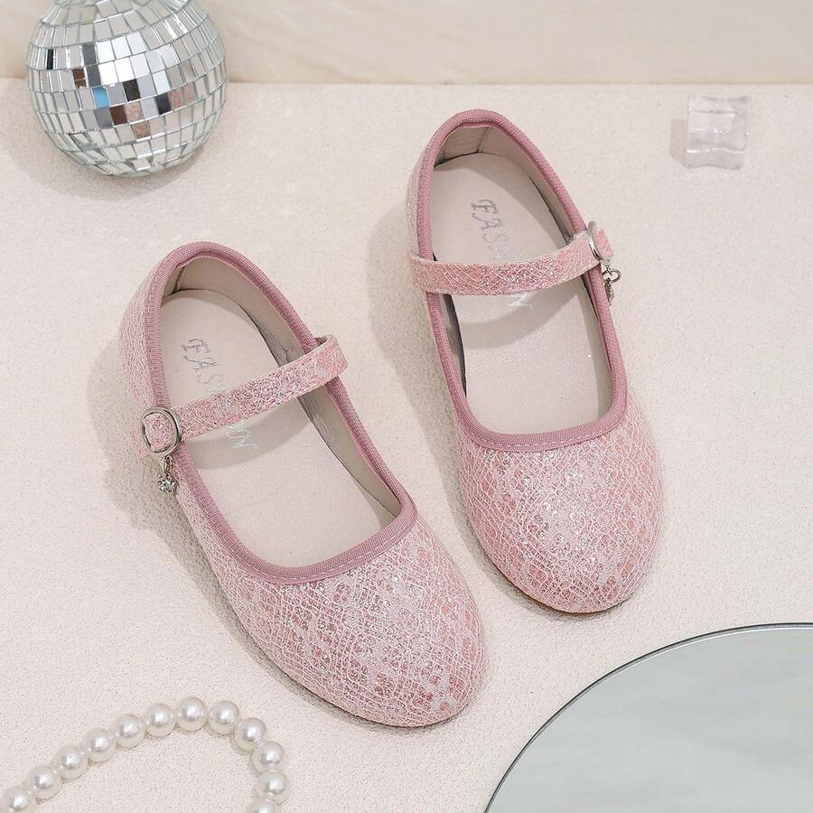Pink Lace Rhinestone Girls Princess Shoes, Exquisite Lace Covered With Fine Glitter, One-Strap Magic Hook And Loop With Rhinestone Pendant. Suitable For Performance, Birthday Party, Wedding Dress Matching, Gentle And Sweet. - Pink - View 1
