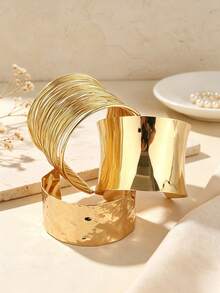 3Pcs Wide Gold Bracelet , Hammered/Polished/Multi Wire Open Bangle, Modern Minimalist Metal Wrist Cuffs, All Season Women Party Daily Bracelet - Multicolor - View 12