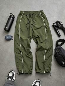 Olive Green Men's Sports Long Pants, Loose Fit Sweatpants, Contrast Trim, Drawstring Waist, Adjustable Drawstring Cuffs, Side Pockets, Athletic Wear - Army Green - View 9