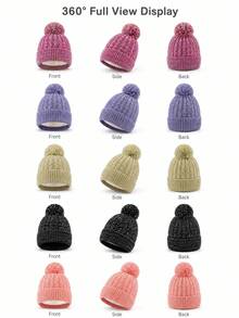 1pc Single Ball Vertical Striped Knitted Beanie Hat With Yarn Crafting Thermal Lining Children Warm Hat - Multicolor - View 3