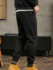 All-Match Pure Black Draped Sports Long Pants For Boys And Teens, Side Pockets, Cuffed Hem, Elastic Waist, Comfortable And Breathable, Casual Sweatpants For Daily Wear And Street Style - Black - View 5