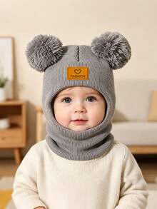2-Ball Solid Color Baby Knitted Hat, Ear-Protective Knitted Hat & Scarf 2-In-1, Autumn/Winter Children's Hat - Multicolor - View 4