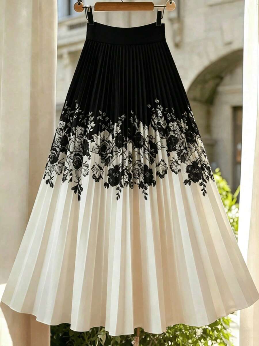 Vintage Black & White Print Pleated Skirt, Elastic Waist, Elegant Flowy Umbrella-Shaped Skirt - Burgundy - View 1
