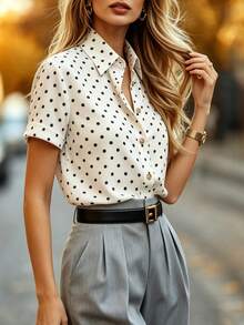 DONICY Women's Apricot Short Sleeve Shirt, Satin Texture, Lapel Collar With Gold Buttons, Office Daily Casual Versatile Style - Apricot - View 6