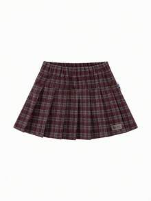 mini bala Girls Preppy Plaid Pleated A‑Line Skirt Thick Structured Bottoms For Young Girl Winter Daily Wear - Red Hue - View 4