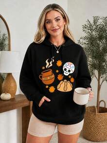 1 Pieza Sudadera con capucha negra para mujer diseño gráfico Día de Muertos y pan de muerto estilo casual aesthetic cálida y cómoda para festival de otoño - A - Ver 4