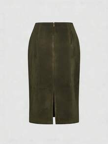 QUNGIGU Rok Suede Lurus Gaya Klasik untuk Wanita, Cocok untuk Busana Musim Gugur Sehari-hari, Kerja, dan Pergi Keluar. - Dark Green - View 7