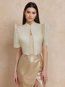 Modern Filipino Style Minimalist Elegant Stand Collar Blouse, Small Stand Collar, Structured Sleeve Design - Apricot - View 4