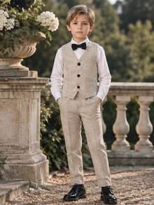 New Boys' Suit Tuxedo, Host Piano Formal Wear, Wedding Flower Boy Outfit, Striped Boys' Tuxedo, Wedding Flower Boy F Tuxedo 3 Pieces Set, Vest + Pants + Bow Tie Set - Khaki - View 2