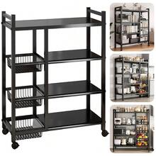 4-Layer Heavy-Duty Metal Kitchen Storage Rack With Wheels, Kitchen Fruit Basket, Kitchen Trolley, Kitchen Storage Organizer, Removable Basket With Wheels, Kitchen Fruit And Vegetable Organizer Rack Storage Truck - Black - View 1