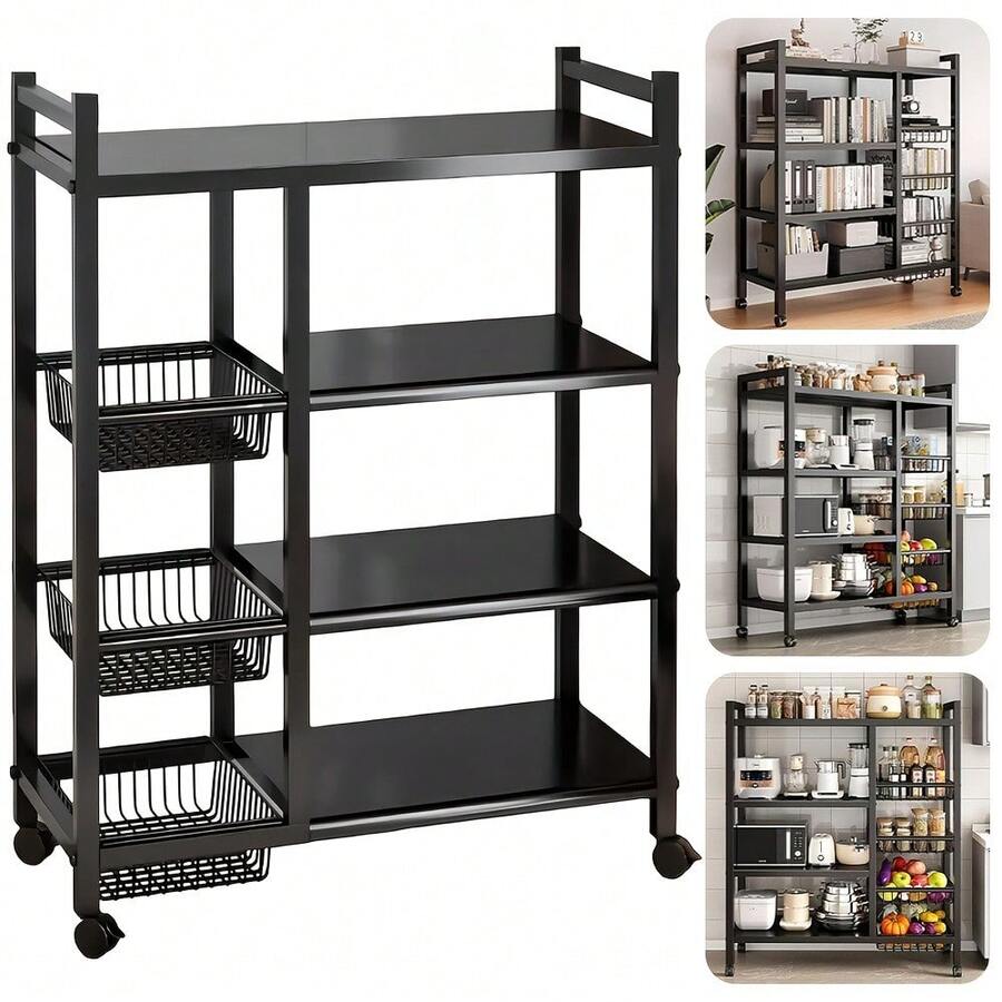 4-Layer Heavy-Duty Metal Kitchen Storage Rack With Wheels, Kitchen Fruit Basket, Kitchen Trolley, Kitchen Storage Organizer, Removable Basket With Wheels, Kitchen Fruit And Vegetable Organizer Rack Storage Truck - Black - View 1