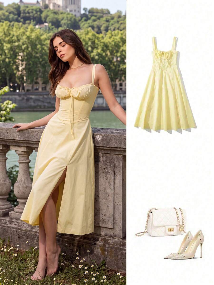 Women's Fashionable Casual Spaghetti Strap Long Slim-Fit Slit Strapless Dress, Suitable For Summer/Spring Elegant - Yellow - View 1
