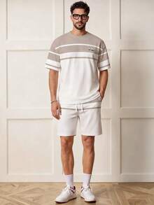 Voidago Men's Breathable Casual Short Sleeve Set - Summer Lightweight Stretchy Polyester Blend, Round Neck Design, Washable, Dual-Color Splicing Logo Detail - Multicolor - View 1