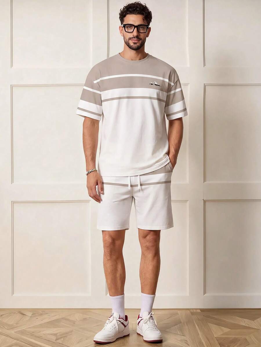 Voidago Men's Breathable Casual Short Sleeve Set - Summer Lightweight Stretchy Polyester Blend, Round Neck Design, Washable, Dual-Color Splicing Logo Detail - Multicolor - View 1