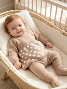 2pcs Infant Khaki Sweater Set: Round Neck Long Sleeve Heart Jacquard Sweater + Butterfly Decor Dress With Attached Tights, Sweet Newborn Outfit - Khaki - View 8