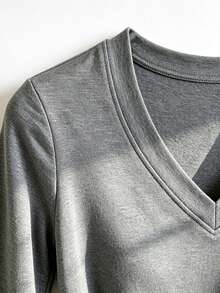 Women's Grey V-Neck Long Sleeve Pure Cotton Top, Autumn/Winter Regular Fit Mid-Stretch Slim T-Shirt - Light Grey - View 5