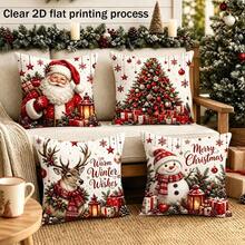 4pcs Vintage Christmas Pillow Covers, Snowman, Reindeer, Santa Claus, Exquisite Christmas Tree Gift Print Pattern, Clear 2D Printing Process, 45*45cm (18*18in), Soft Comfortable Polyester Cushion Covers, Zipper Closure, Machine Washable, Suitable For Living Room, Bedroom, Winter Holiday Home Decor (Pillow Covers Only, Pillow Insert Not Included) - Multicolor - View 11