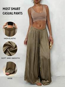 Women's Olive Green Wide Leg Pants, High Waist Elastic Drawstring Loose Draped Long Pants With Pockets, Suitable For Casual, Office, Commute, Travel And Daily Wear - Olive Green - View 2