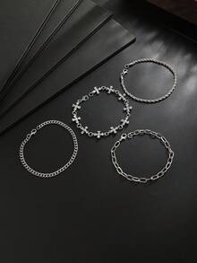 4pcs Vintage Distressed Silver Multi-Layer Stackable Bracelet Set, Cross Pendant Twisted Chain Cuban Chain Set, Autumn Sweatshirt Street Punk Accessory Holiday Gift - White K - View 2