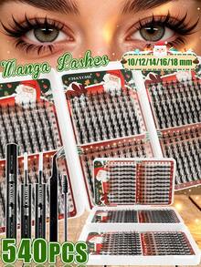 540/648pcs Natural Brown/Black False Eyelashes Can Create A Fluffy Anime Eye Makeup Effect. DIY Large Capacity Three Sided Eyelash Cluster, Made Of Soft Material. Single Cluster False Eyelash Set, With Glue And Sealing Tools, Suitable For Christmas. - Multicolor - View 13