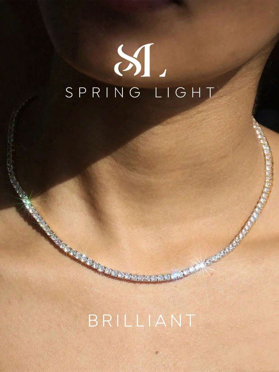 1pc Moissanite Necklace Dazzling 2mm Four Claws Full Diamond Tennis Necklace Perfect For Women's Parties And Weddings - Four-claw Diamond Tennis Necklace - View 1