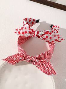 2pcs/Set Girls Vintage Red Flower Fabric Headband Sweet Plaid Rabbit Ear Bow Hair Hoop Suitable For Daily Decoration - Multicolor - View 9