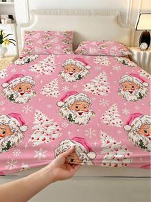 1PC Pink Christmas Theme Pattern Fitted Sheet (Fitted Sheet Only, No Pillowcase), Santa Claus And Christmas Tree Print Soft Bedroom Bedding, Suitable For Bedroom, Guest Room, School Dormitory, Easy To Remove And Machine Washable All Season Mattress Protector, Perfect Christmas Gift For Parents And Friends - Multicolor - View 6