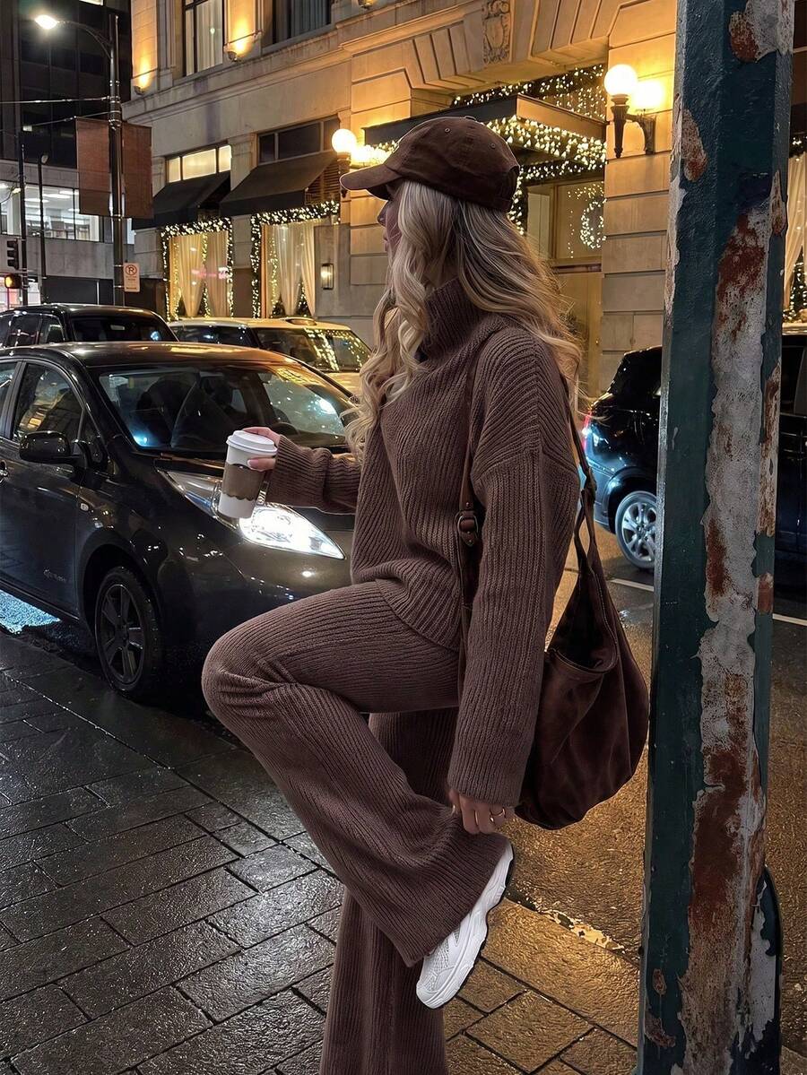 Autumn/Winter New Slouchy Maillard Style Stacked High Neck Knit Two Pieces Set Pants, Relaxed Slimming Convenient Matching Outfit Fall
