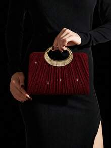 This Gold Herringbone Patterned Clutch Bag Is Adorned With Sparkling Rhinestones, Making It A Luxurious And Glamorous Formal Evening Bag. It Comes With A Sparkling Rhinestone Three Pieces Set, Including A Rhinestone Pendant Necklace, Earrings, And Bracelet, Making It A Perfect Gift For Evening Parties, Parties, Birthdays, Weddings, And Other Occasions. - Burgundy - View 4