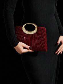 This Gold Herringbone Patterned Clutch Bag Is Adorned With Sparkling Rhinestones, Making It A Luxurious And Glamorous Formal Evening Bag. It Comes With A Sparkling Rhinestone Three Pieces Set, Including A Rhinestone Pendant Necklace, Earrings, And Bracelet, Making It A Perfect Gift For Evening Parties, Parties, Birthdays, Weddings, And Other Occasions. - Burgundy - View 7