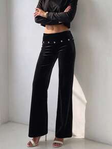 Women's Black Velour Mid Rise Wide Leg Pants Stud Detail Party Night Out Trousers - Black - View 1