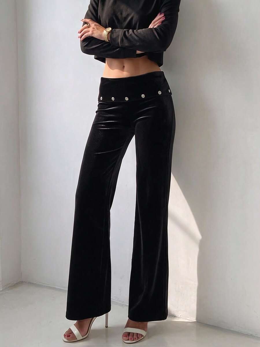 Women's Black Velour Mid Rise Wide Leg Pants Stud Detail Party Night Out Trousers - Black - View 1