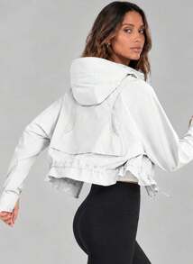 Never me Women's Sports Jacket Hooded Long Sleeve Cropped Zip-Up Cardigan With Side Cutout Patchwork And Drawstring Hem Design For Yoga - White - View 2