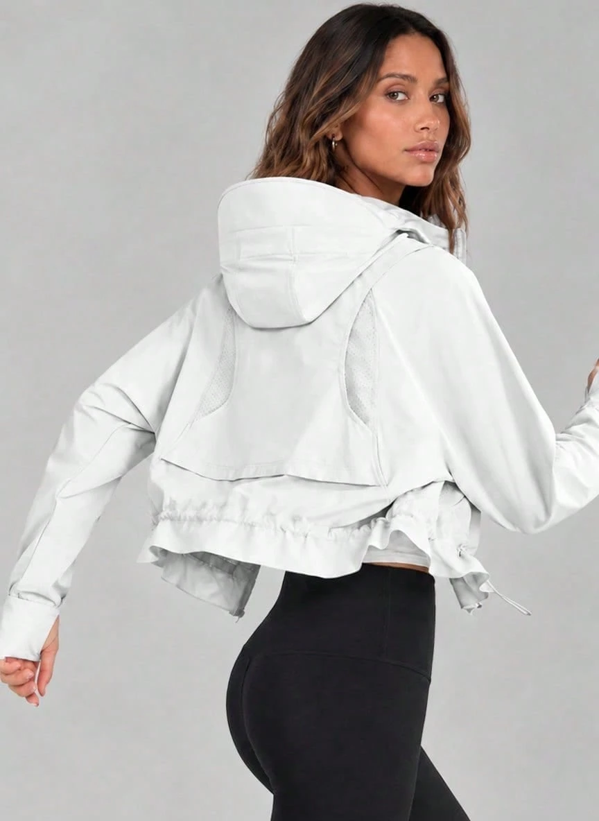 Never me Women's Sports Jacket Hooded Long Sleeve Cropped Zip-Up Cardigan With Side Cutout Patchwork And Drawstring Hem Design For Yoga - White - View 1