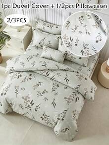 森系淺橄欖綠小葉床寢套裝 2 件或 3 件組，包含（1 件被套 + 1 或 2 個枕套），優雅淺棕色花卉枝條點綴，柔和清爽色調，柔軟透氣觸感，極簡 Ins 田園風，適合各種居家裝飾，四季通用，營造清新療癒的家居氛圍 - 橄欖綠 - 查看 2