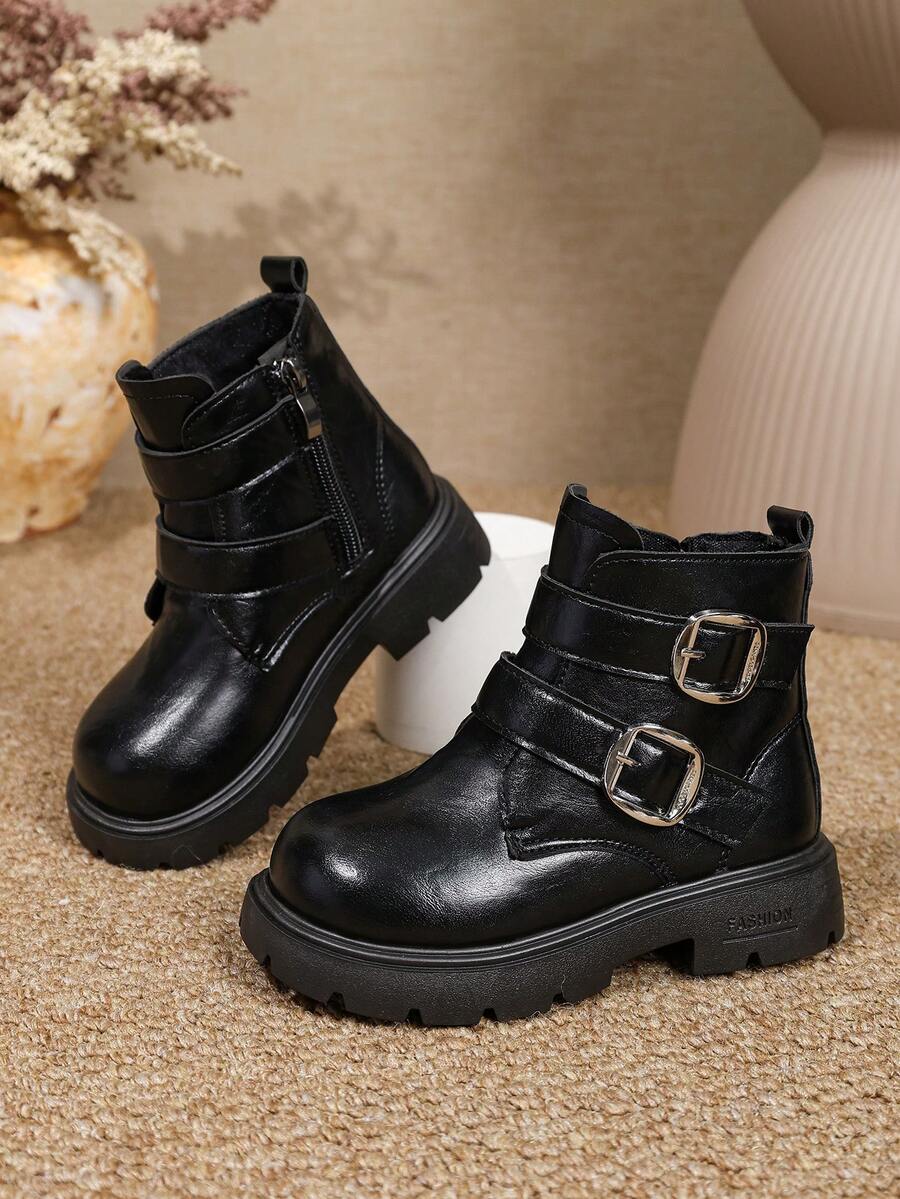 1 Pair Kids Leather Buckle Short Boots Soft PU Dual Hook & Loop + Inner Zipper Design Maillard Style Motorcycle Boots Suitable For Daily School Outdoor Autumn Winter New Arrival