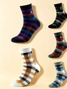 British Plaid Contrast Color Mid-Calf Socks, Pure Cotton, Horse Logo Embroidery, Business Casual Daily Wear Men's Socks - Multicolor - View 3