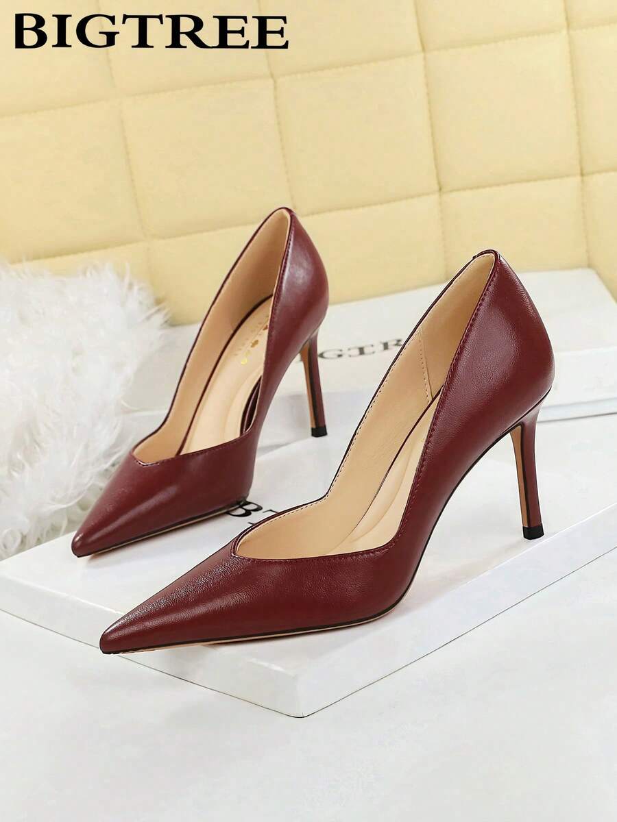 BIGTREE European & American Style Sexy Party High Heels Women Pointed Toe Low Vamp Slip-On Comfortable Thin Heel Fashion Shoes