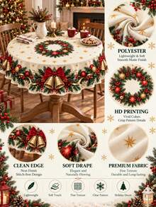 1pc Polyester Christmas Tablecloth, Red Bow Gold Bell Holly Wreath Print Xmas Holiday Table Cover, Traditional Festive Dining Table Decor For Christmas Party Dinner Kitchen Home - Multicolor - View 2