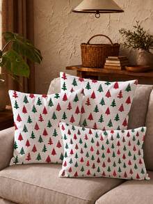 Christmas Minimalist Red & Green Christmas Tree Pattern Waffle Fabric Cushion Cover, Single Side Printed Soft Waffle Polyester Material, Waffle Pillowcase Suitable For Room Decoration, Modern Minimalist Sofa Living Room Decor, Gift Giving, Party Decoration - Multicolor - View 1