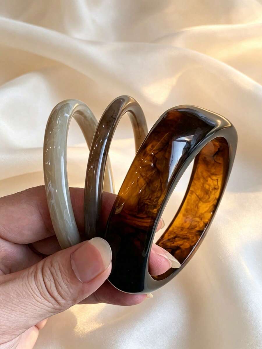 3件組時尚復古厚款多色不對稱壓克力手鐲組，適合女性日常配戴，送給朋友與家人的禮物 - 彩色 - 查看 1
